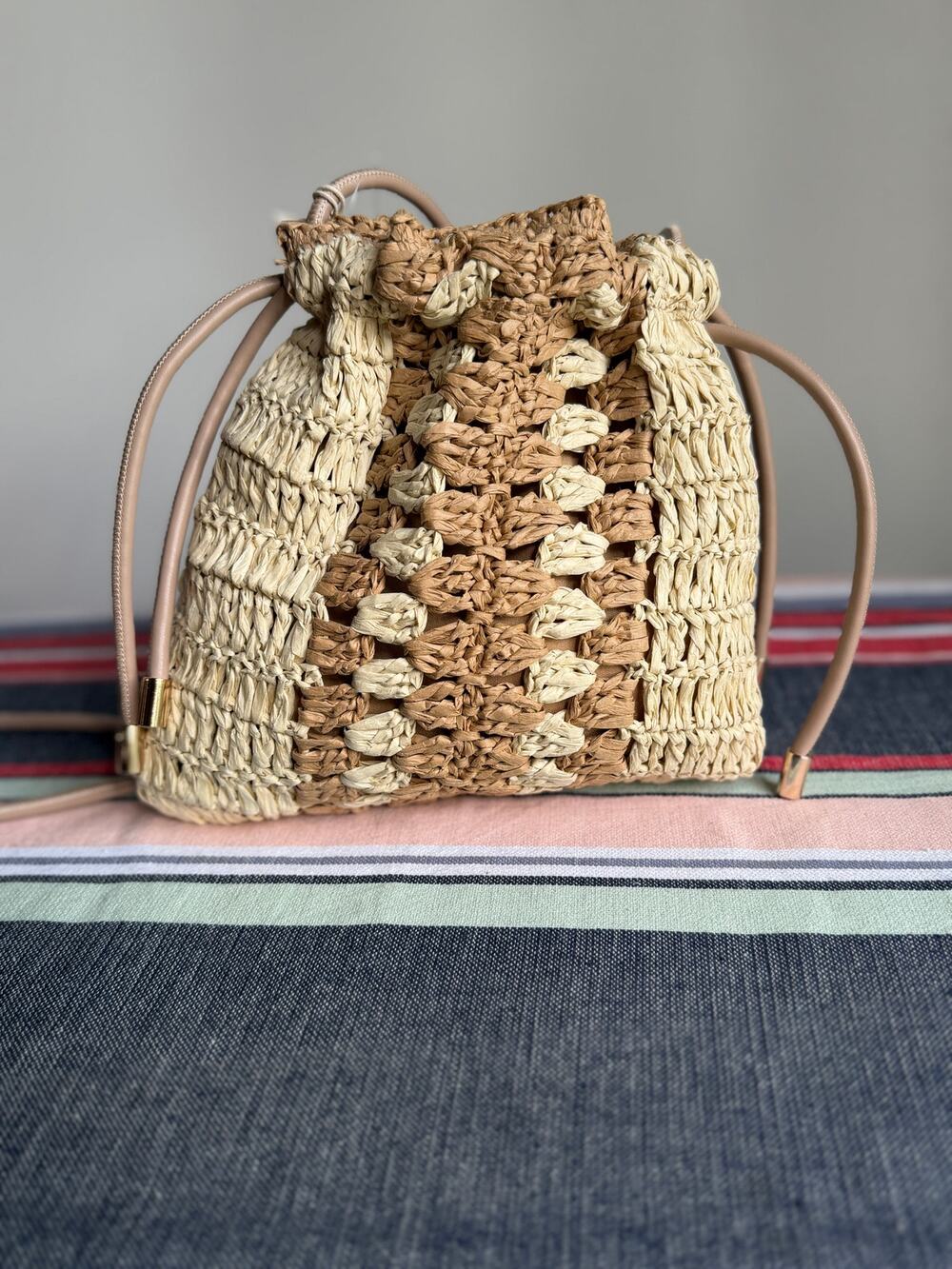 NWT XIIX Straw Bucket Bag Tan Woven Crossbody Coastal Resort Beach Boho